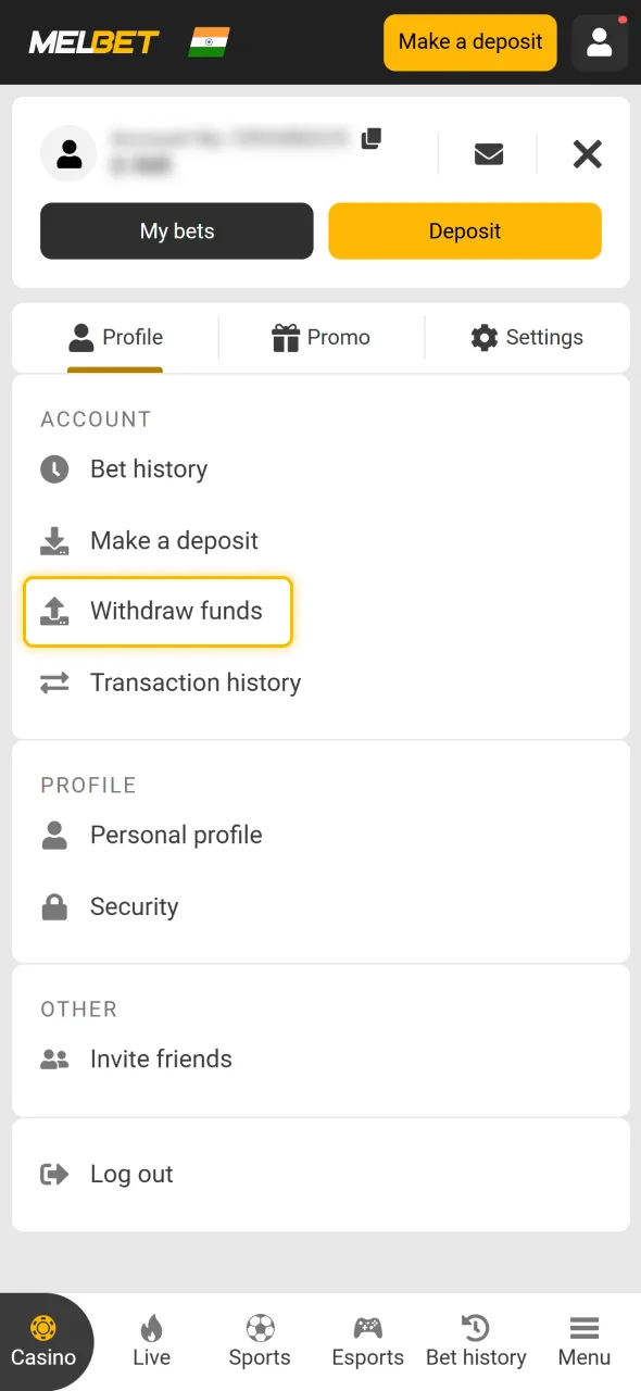 Players in India open the Melbet withdrawal page to request payouts.