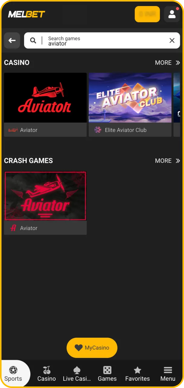 Find the game Aviator easily in the Melbet casino lobby.